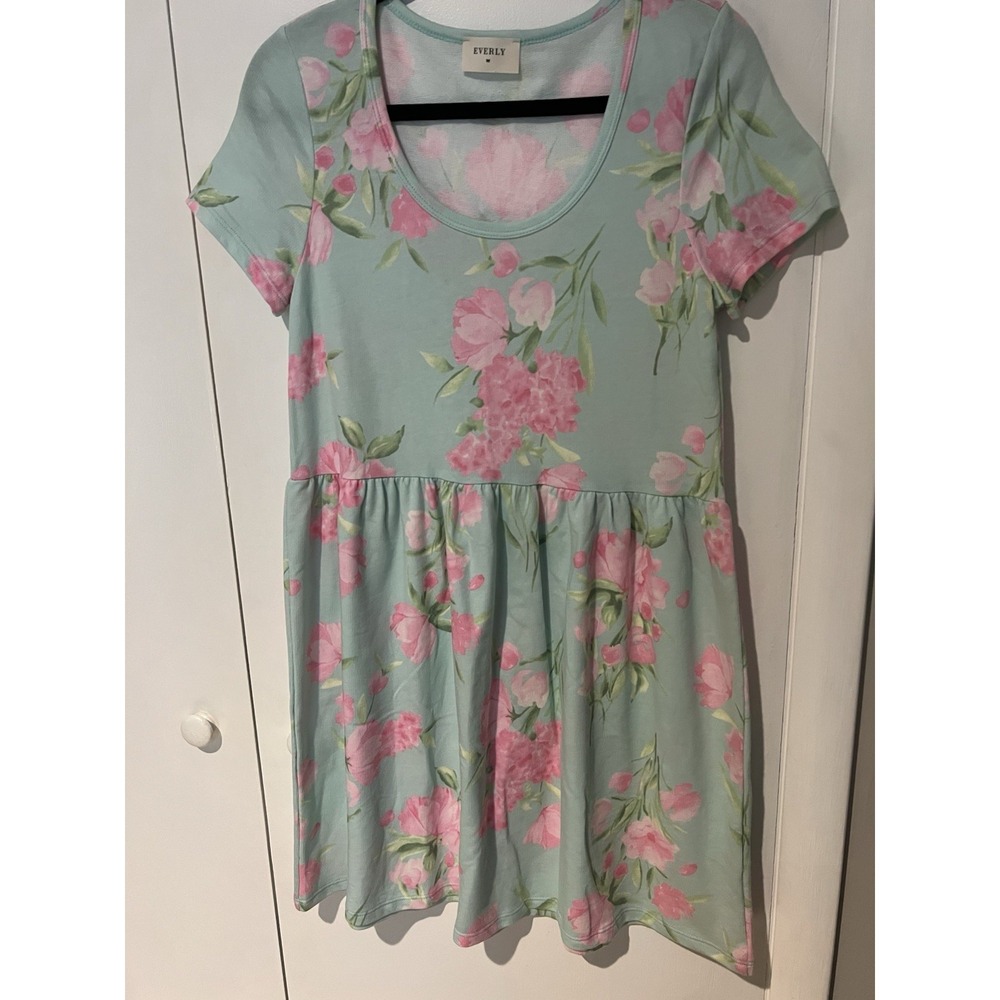 Everly Womens Medium Mint‎ Green Pink Floral Babydoll Dress Pretty Light